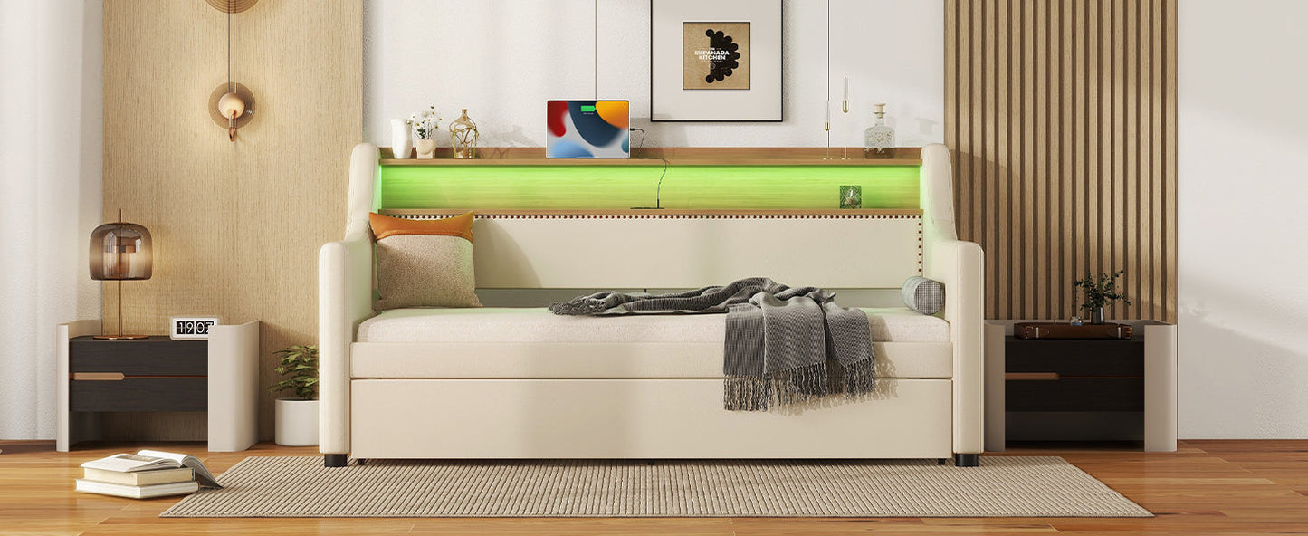 Twin Size Daybed with Trundle, Upholstered Daybed with Charging Station