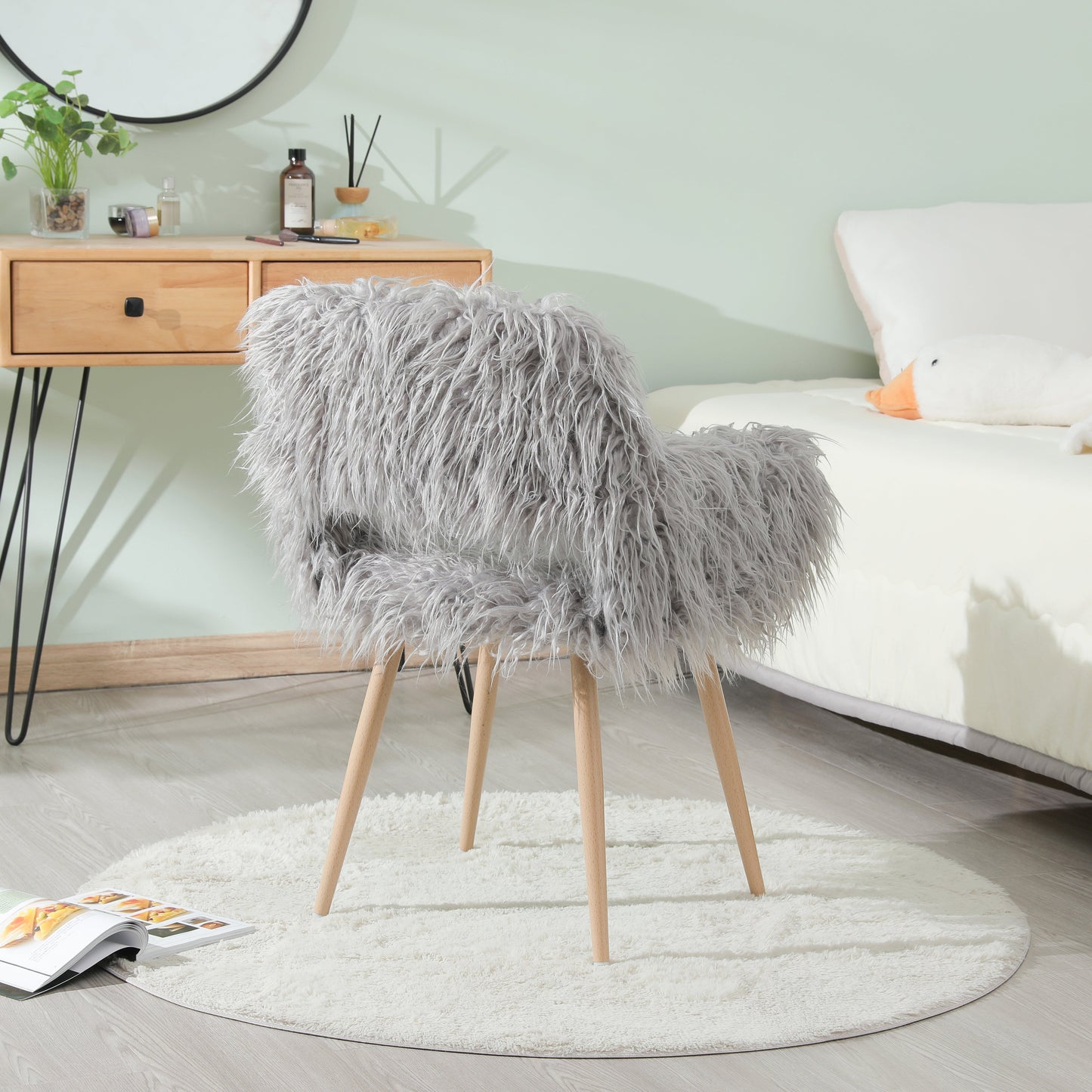 GREY Faux Fur Upholstered Make up chair Side Dining Chair with Metal Legs