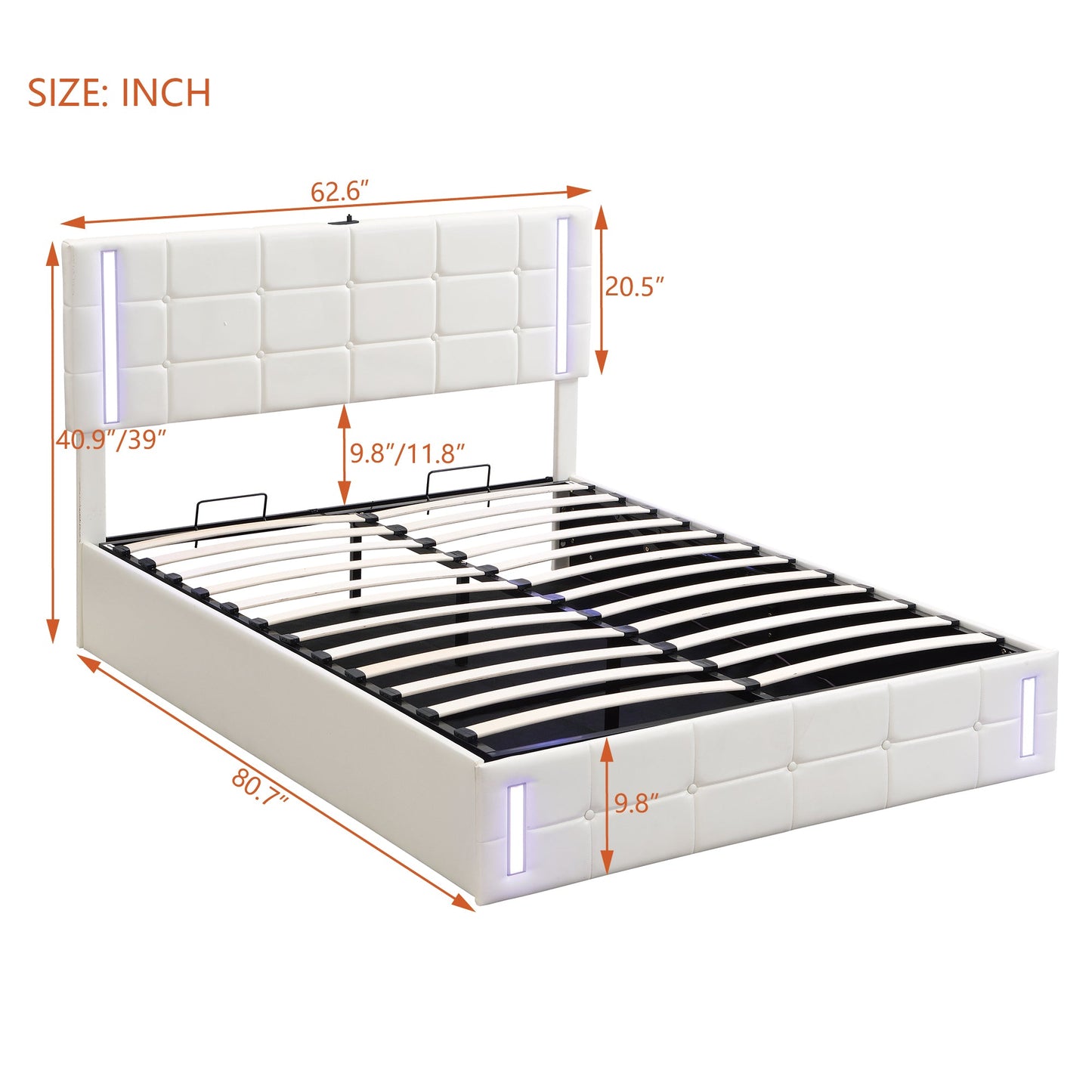 Queen Size Upholstered Bed with LED Lights, Hydraulic Storage System