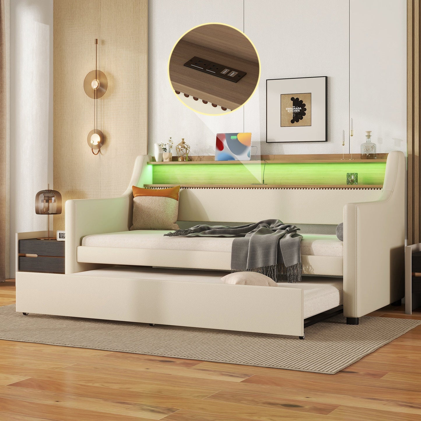 Twin Size Daybed with Trundle, Upholstered Daybed with Charging Station