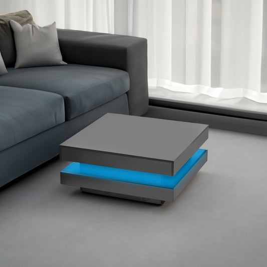 ON-TREND High Gloss Minimalist Design with LED Lights 2-Tier Square Coffee Table Black