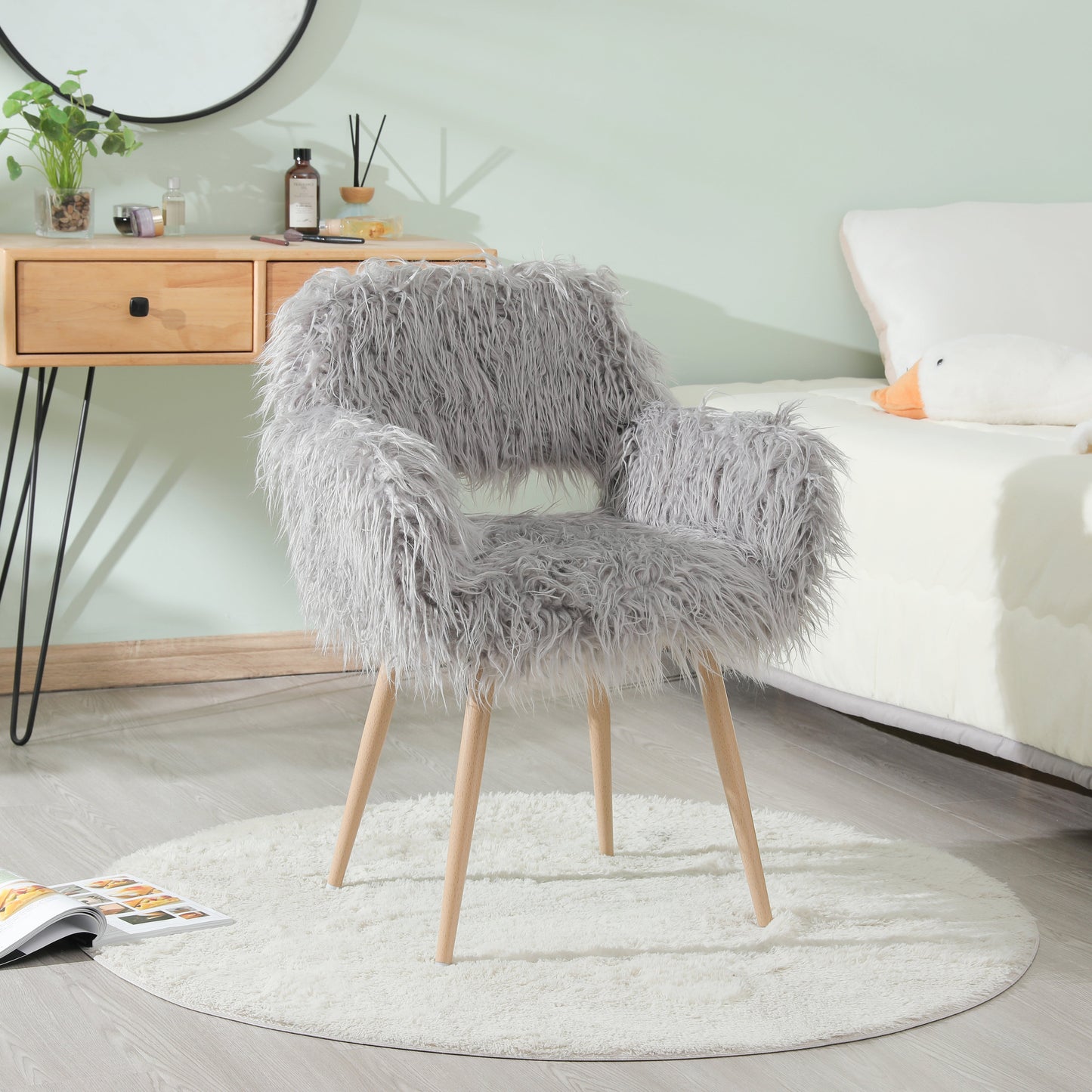 GREY Faux Fur Upholstered Make up chair Side Dining Chair with Metal Legs