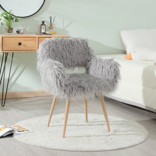 GREY Faux Fur Upholstered Make up chair Side Dining Chair with Metal Legs