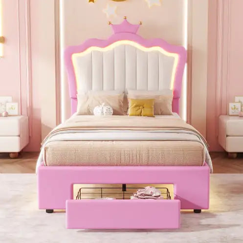 Twin Size Bed Frame with LED Lights, Modern Upholstered Princess Bed