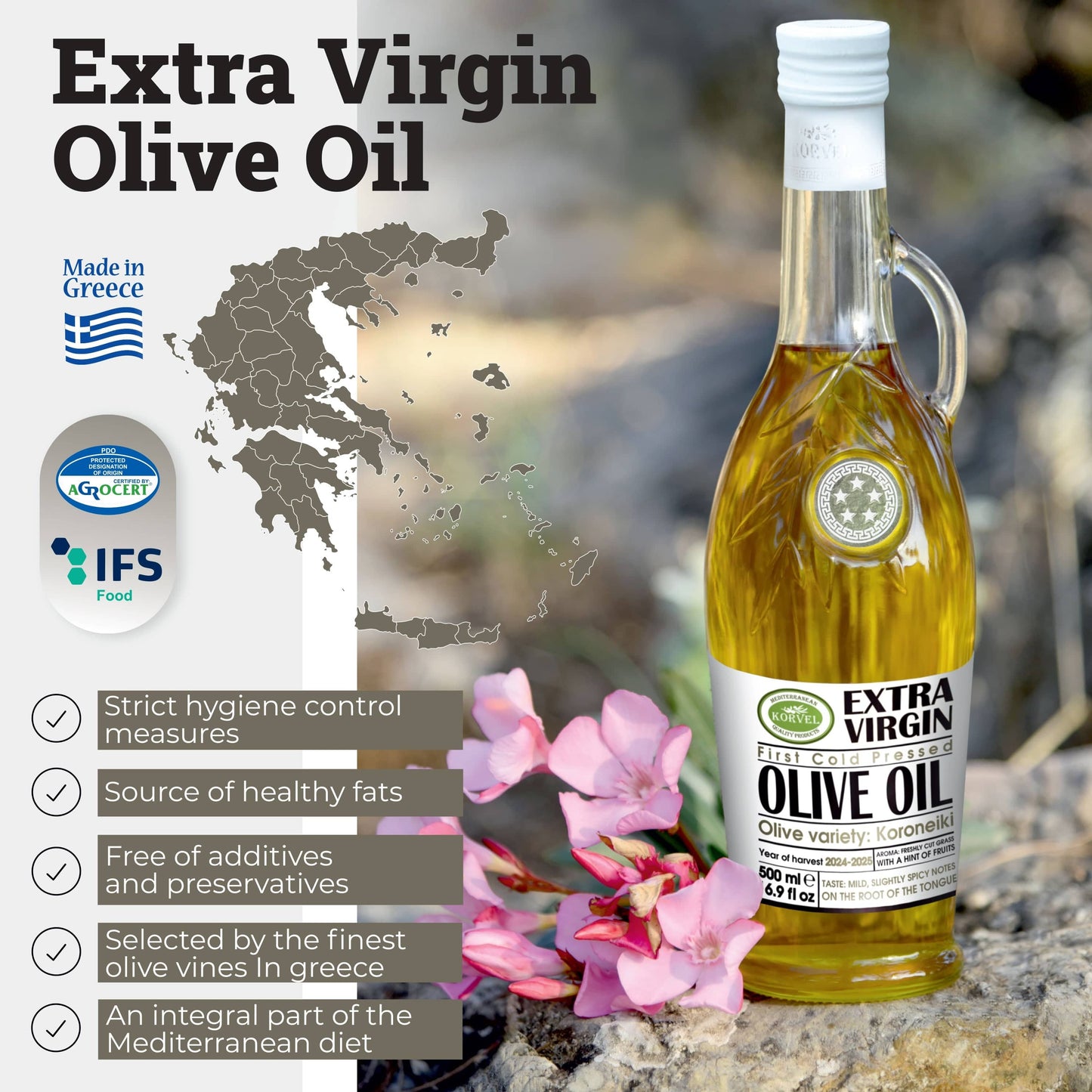 KORVEL Greek Extra Virgin Olive Oil, Amphora 16.9 fl oz (500ml) - 6 pack