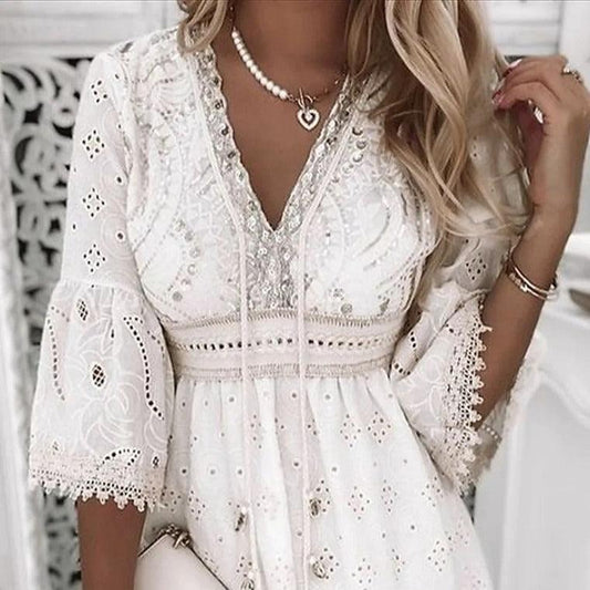 Lace Embroidered Romance Dress - Sweet and Fresh Floral Cotton Dress for Women