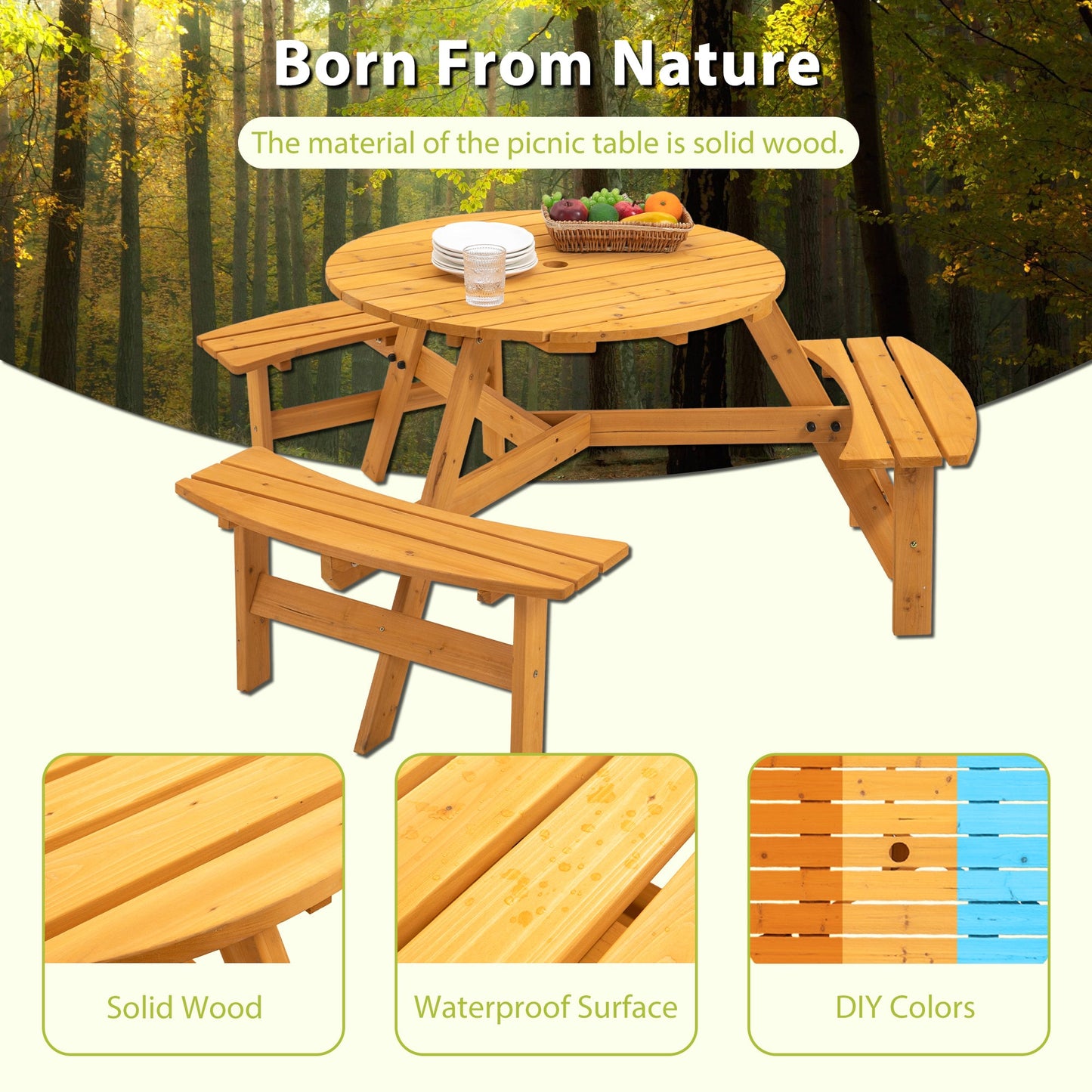 6-Person Circular Outdoor Wooden Picnic Table for Patio