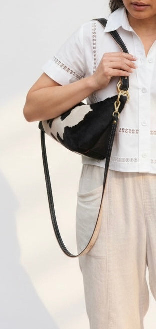Blair Shoulder Bag, Cow Print Hair-On Hide-Black Leather
