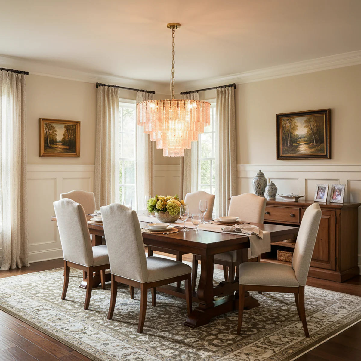 Pink Ridged Glass Rectangle Chandelier