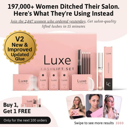 Luxe Lashlift Set featuring salon-quality lash lift products, promotional offer: Buy 1 Get 1 Free. Includes updated glue.