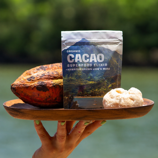 Organic Lion’s Mane Cacao superfood elixir package on a wooden plate with cacao pod and lion’s mane mushroom.