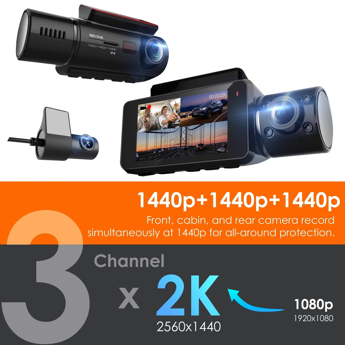 Rexing V33 3 Channel 1440p+1440p+1440p Front, Cabin and Rear Camera Dashcam
