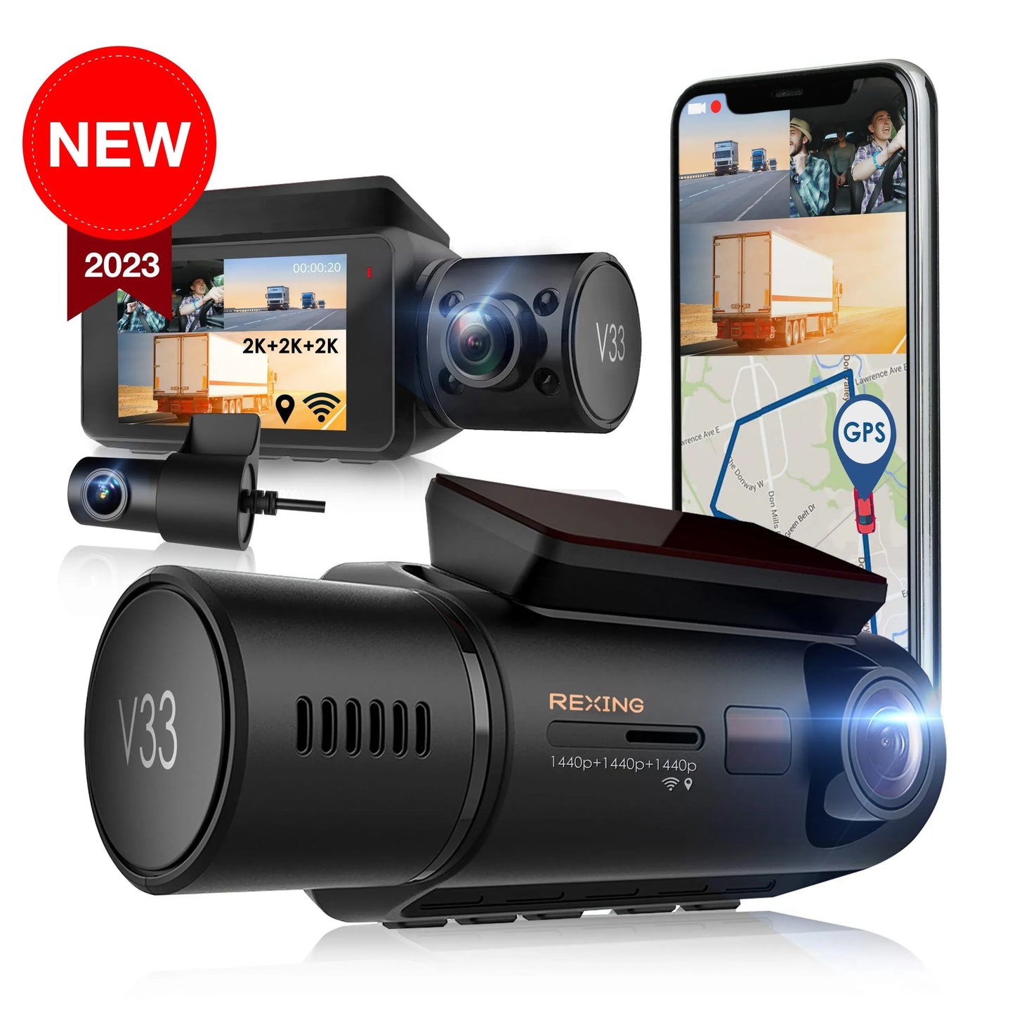 Rexing V33 3 Channel 1440p+1440p+1440p Front, Cabin and Rear Camera Dashcam