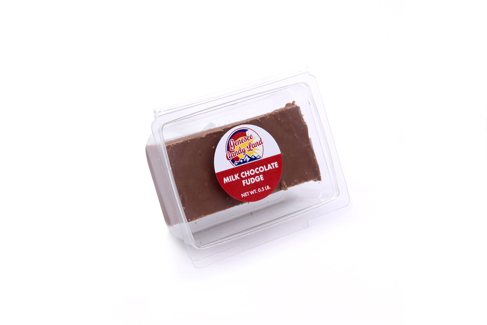 Milk Chocolate Fudge in a clear plastic container with a colorful label, showcasing its rich, smooth texture.