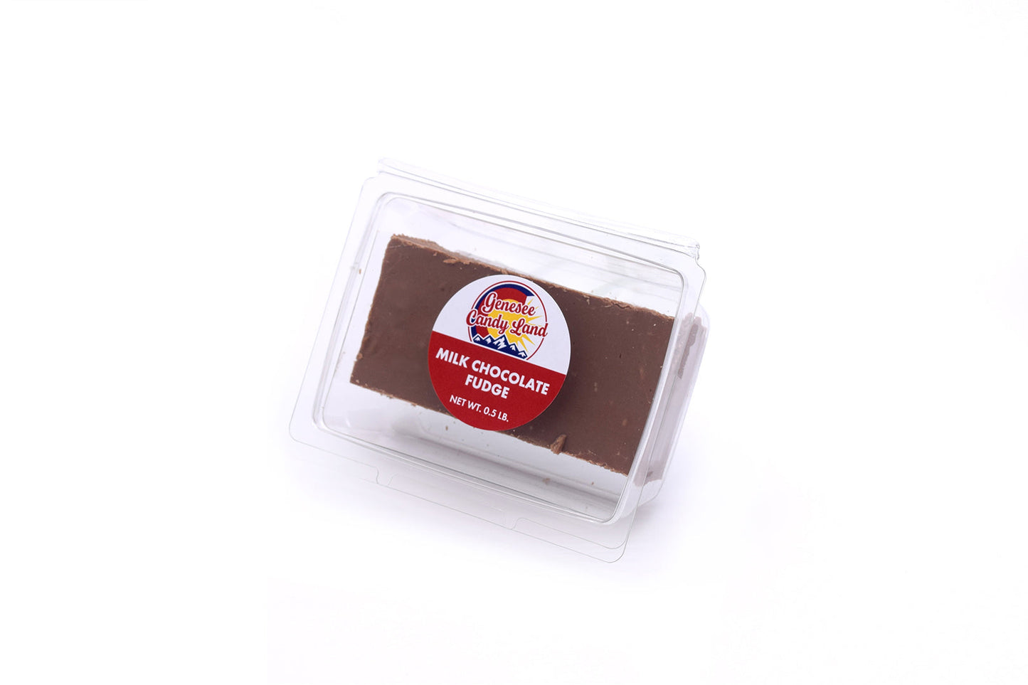 Milk Chocolate Fudge in a clear plastic container with a colorful label, showcasing its rich, smooth texture.