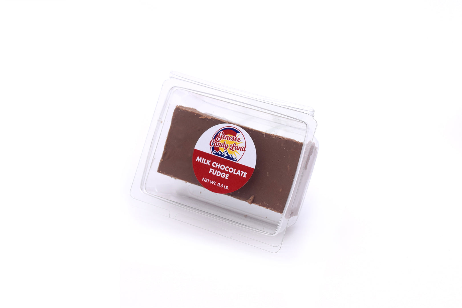 Milk Chocolate Fudge in a clear plastic container with a colorful label, showcasing its rich, smooth texture.