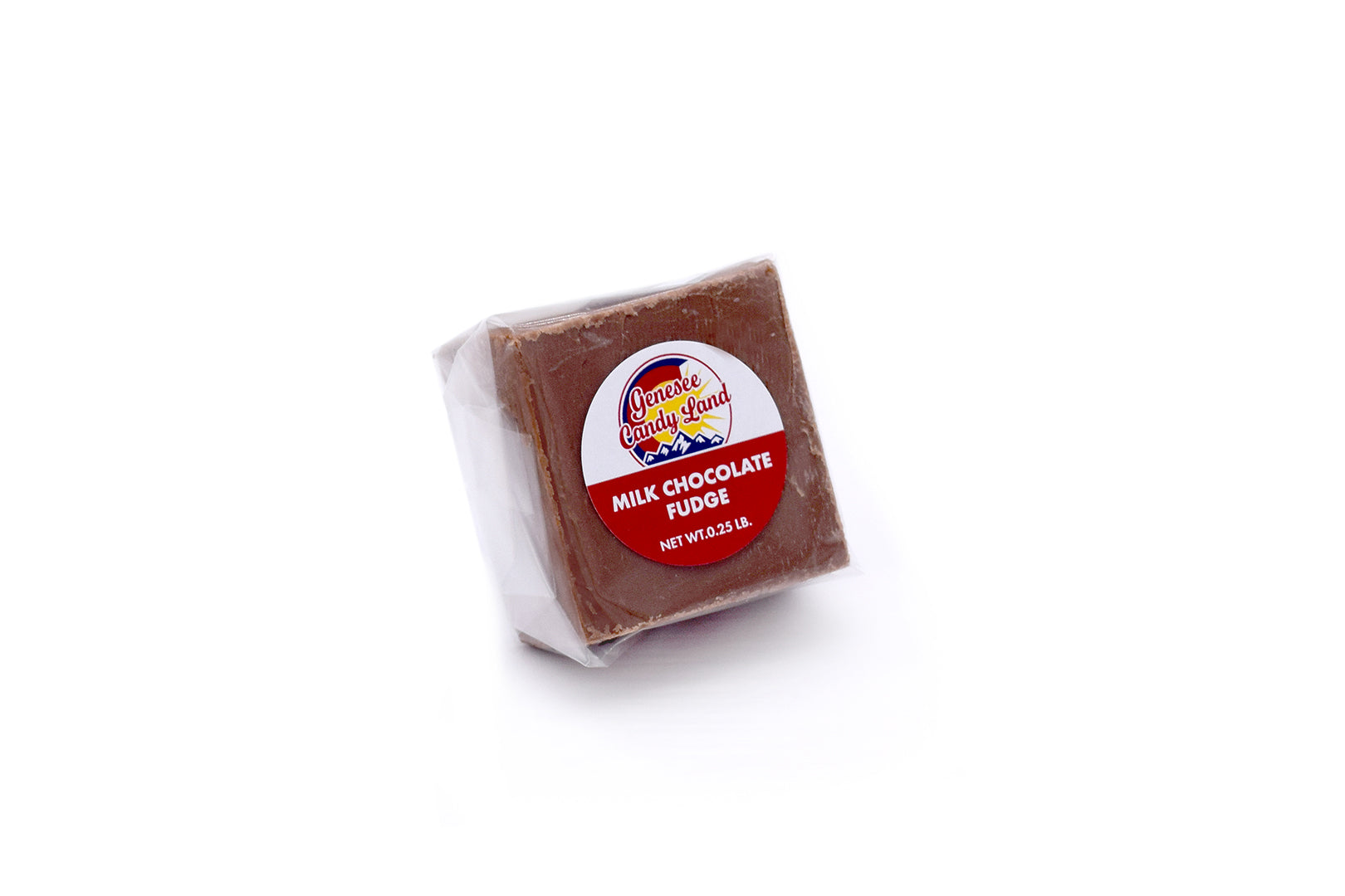 Milk Chocolate Fudge from shoponestop.store, wrapped in clear plastic with a colorful label. Net weight 2.5 oz.