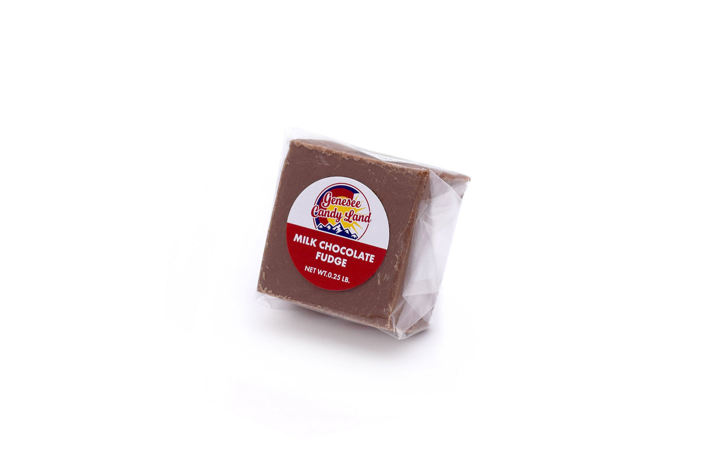 Milk Chocolate Fudge from shoponestop.store, wrapped in clear plastic with a red label, showcasing its rich chocolate color.