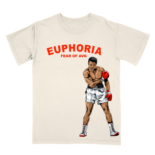 Cream-colored t-shirt featuring a boxer in red gloves and the text "EUPHORIA FEAR OF AVG" in bold red letters.