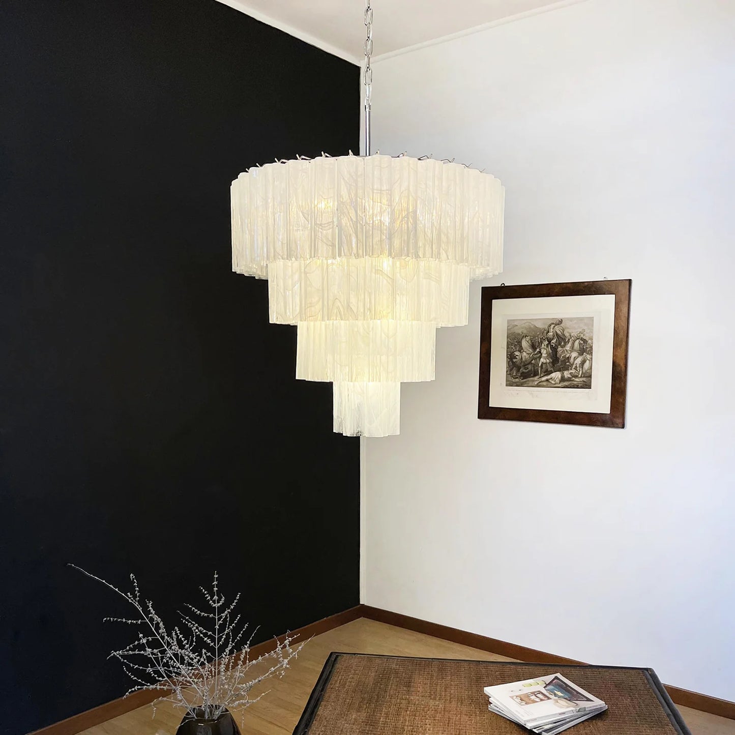 Murano White Glass Tubes Chandelier