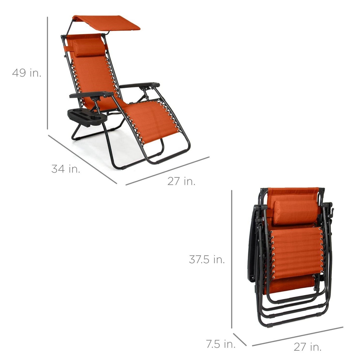 Orange Zero Gravity Folding Reclining Patio Lounge Chair with Canopy Sun Shade