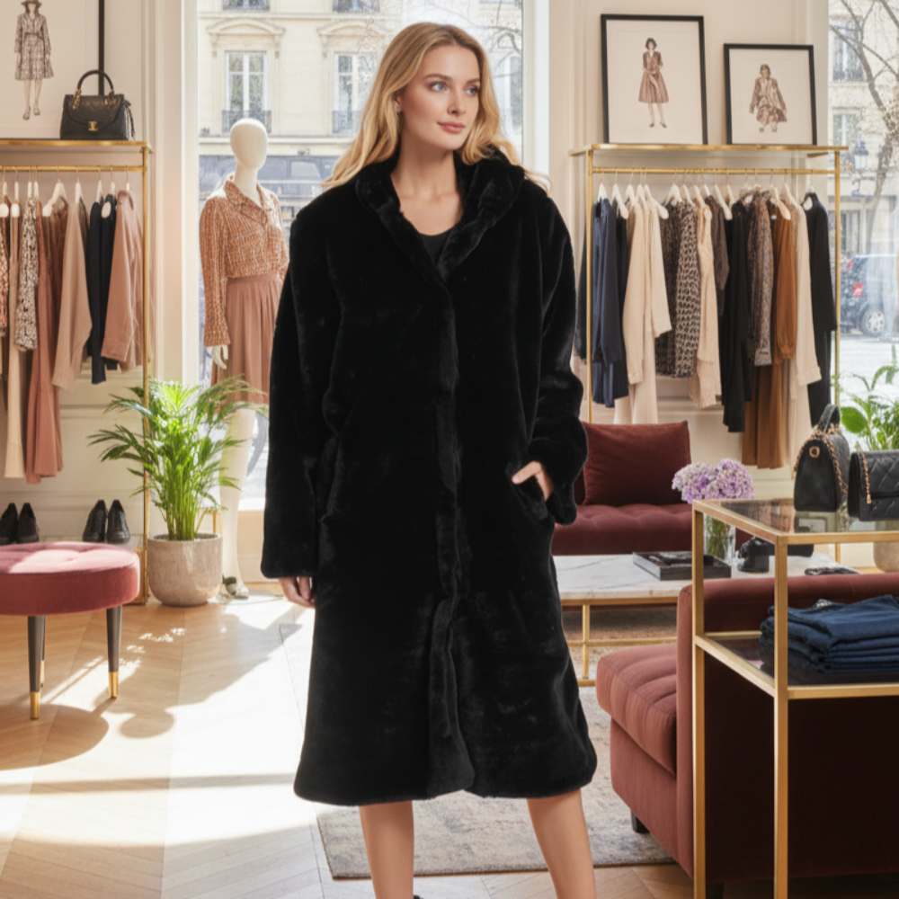 Womens Hooded Faux Fur Coat with Pockets