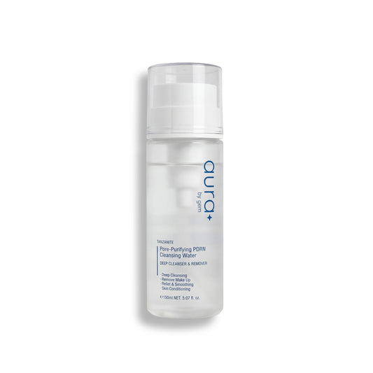 Pore Purifying PDRN Cleansing Water in a clear bottle with a pump dispenser, labeled with brand name and product details.