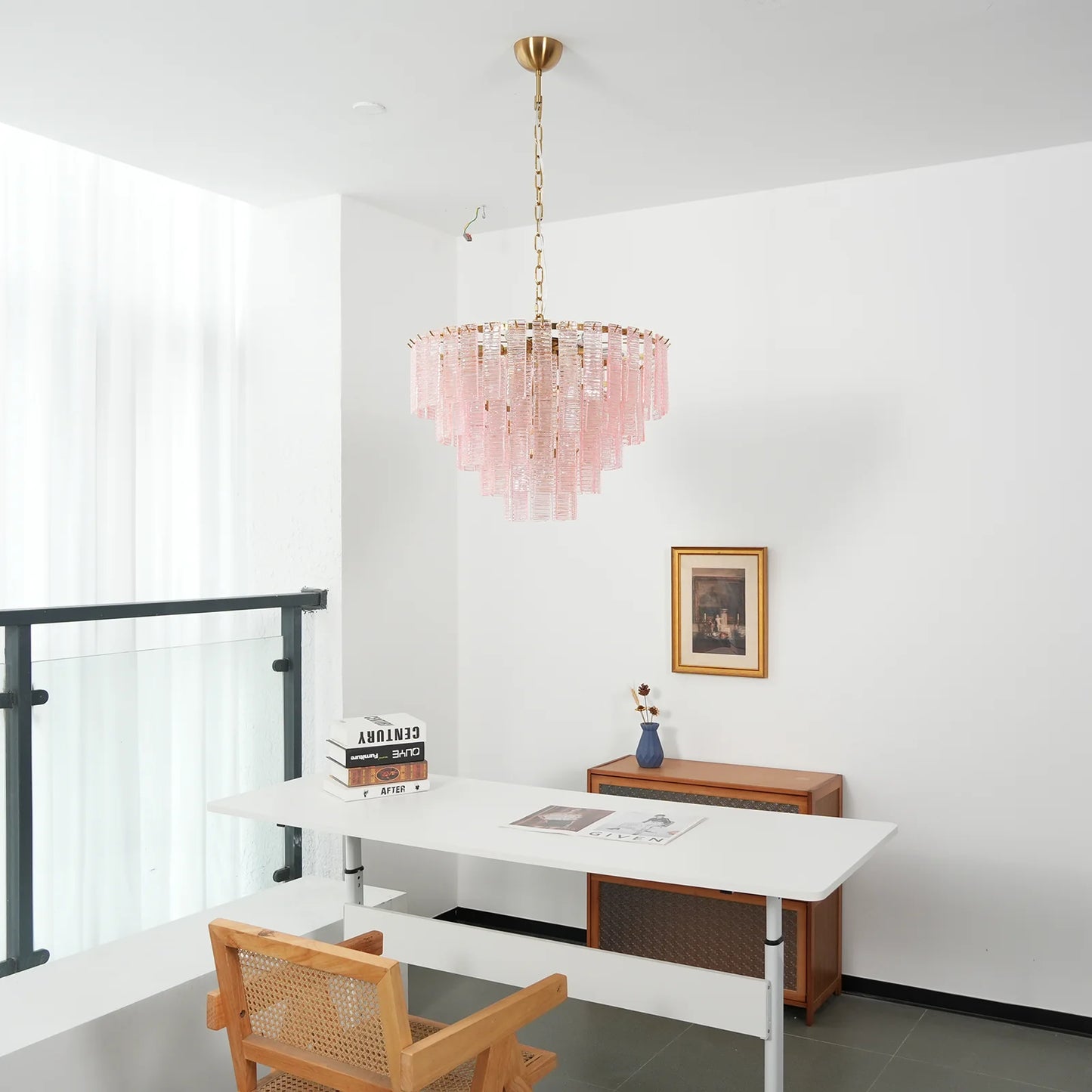 Pink Ridged Glass Rectangle Chandelier