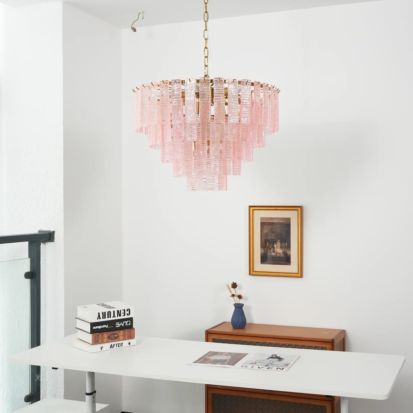 Pink Ridged Glass Rectangle Chandelier