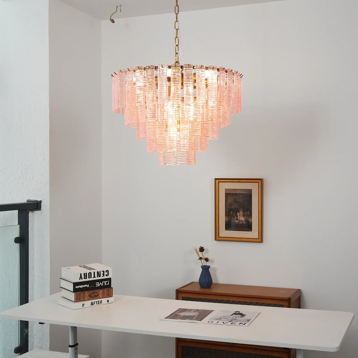 Pink Ridged Glass Rectangle Chandelier