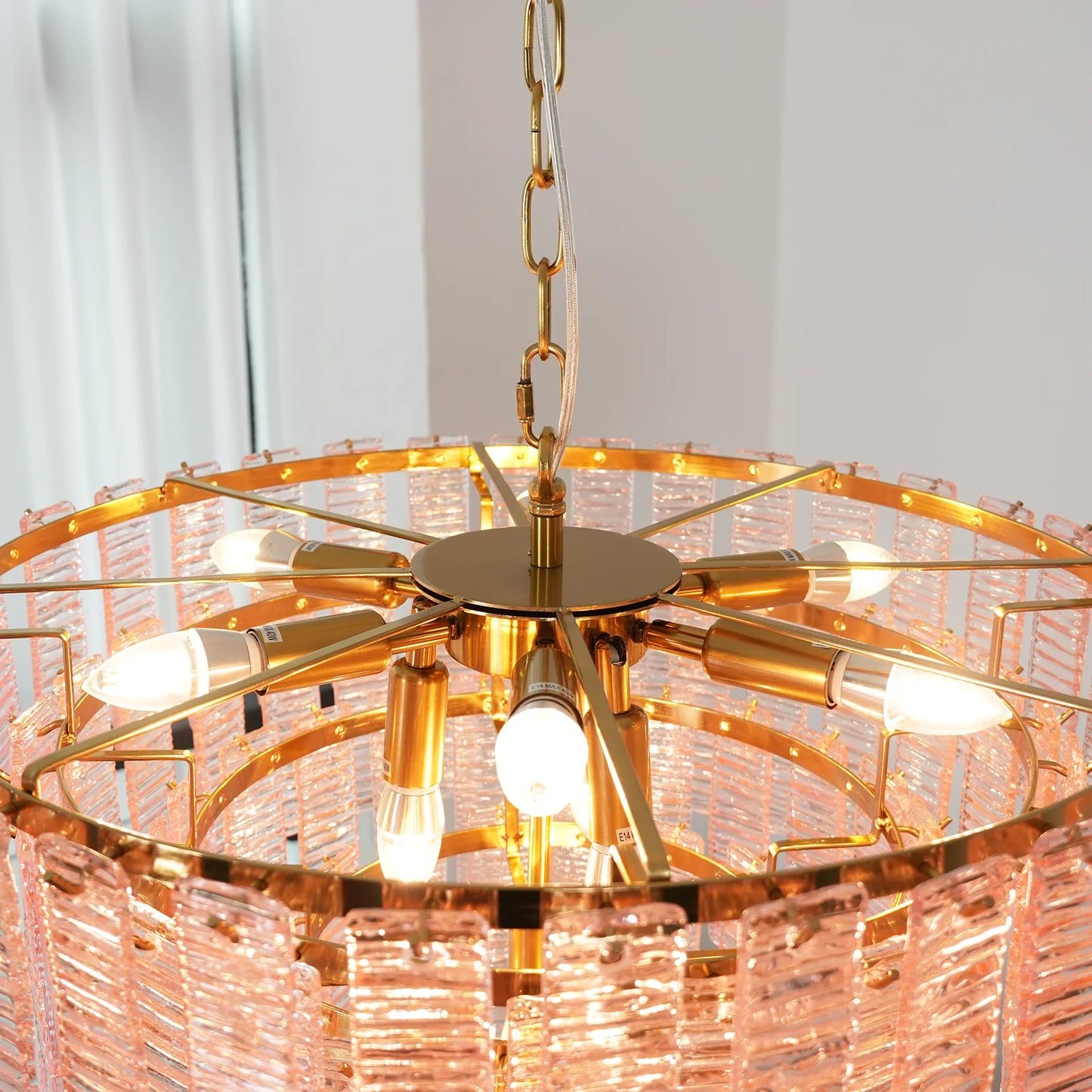 Pink Ridged Glass Rectangle Chandelier