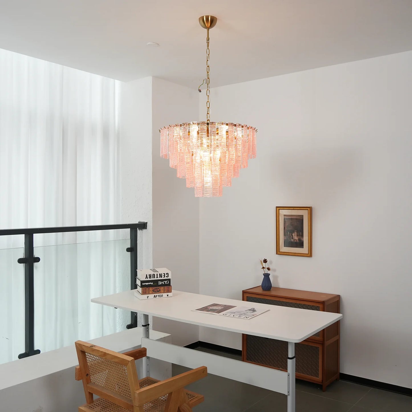 Pink Ridged Glass Rectangle Chandelier