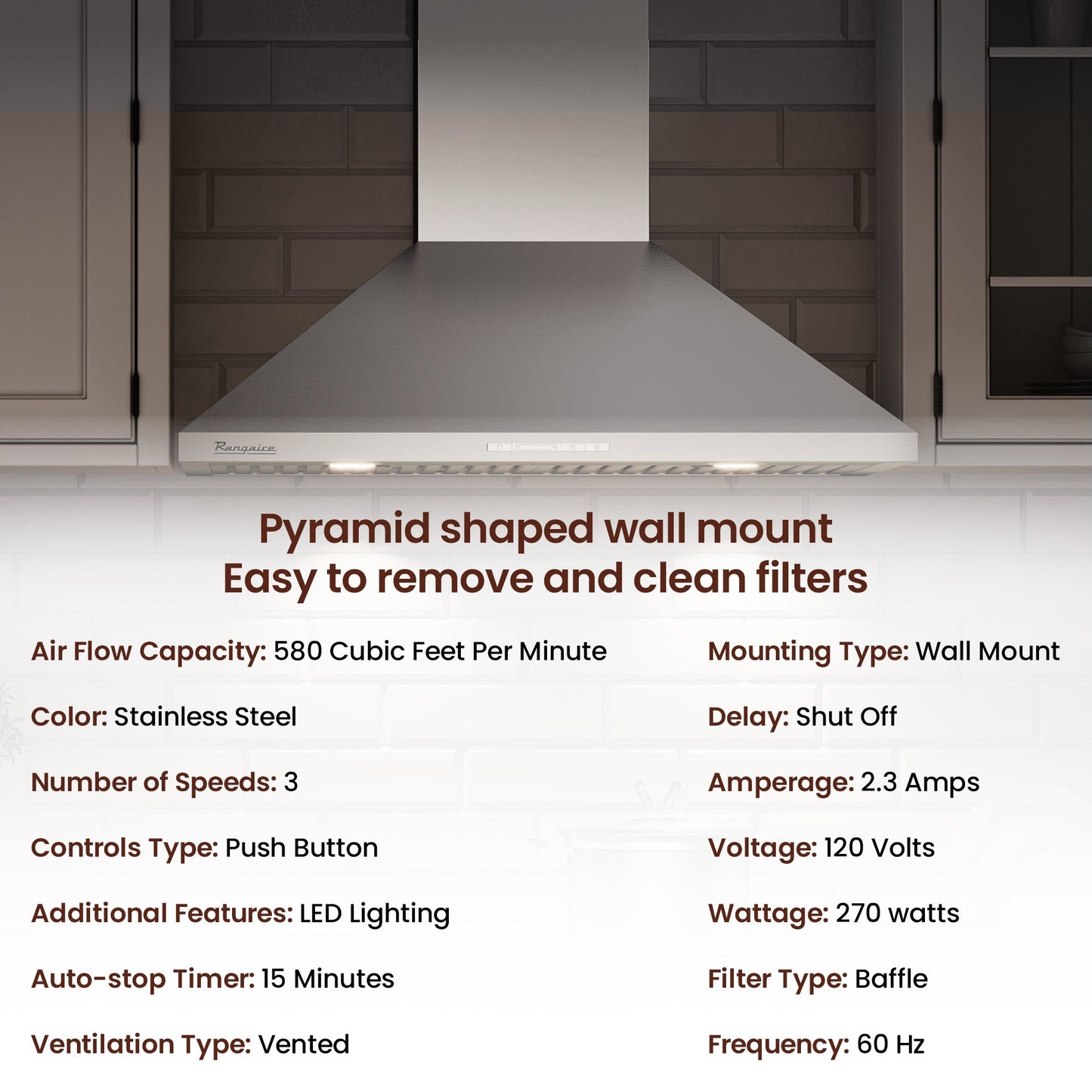 Rangaire 36" Wall-Mounted Range Hood 580 CFM Convertible  Stainless Steel  RHWMP36S