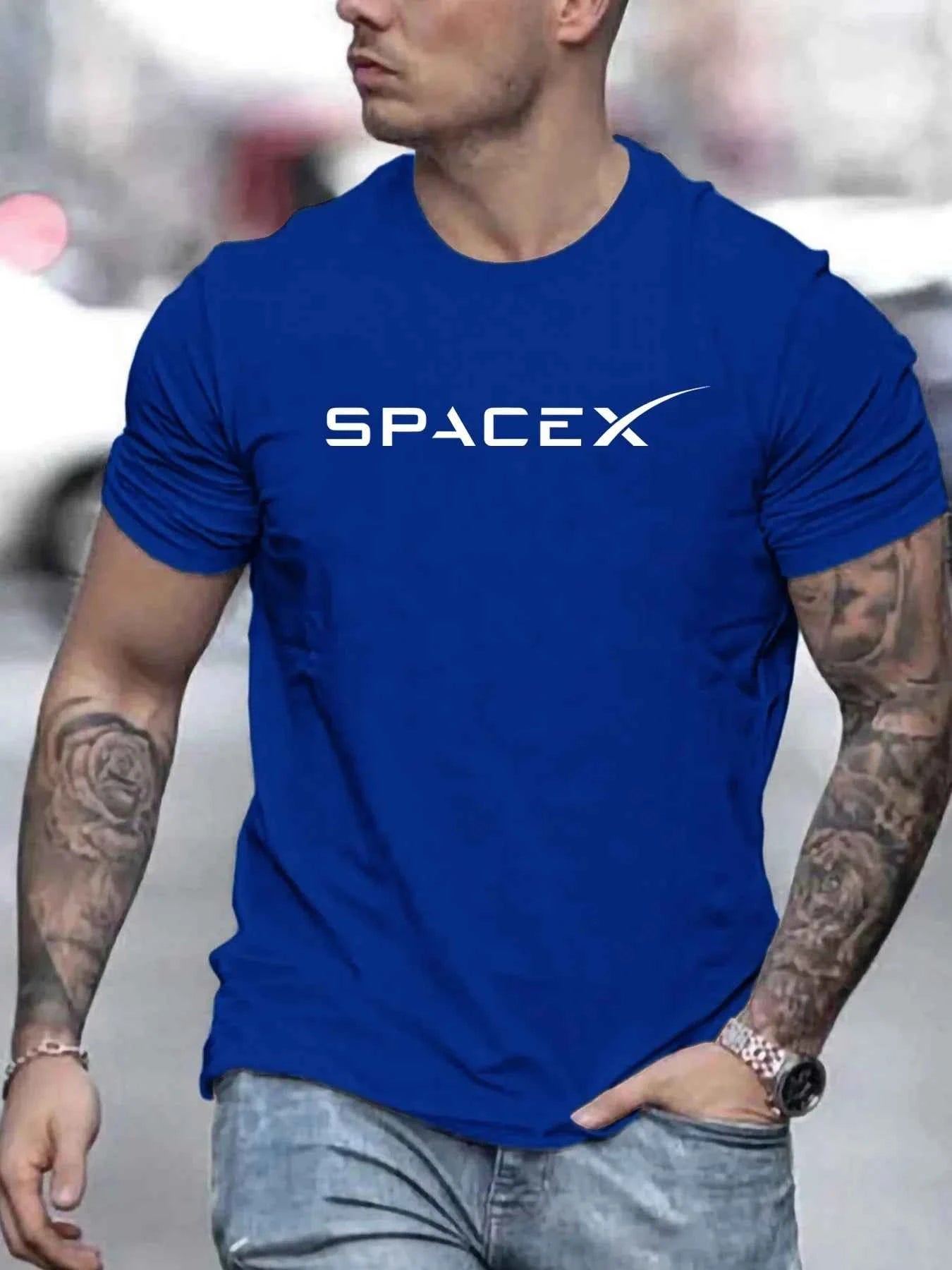 Men's summer fashion casual loose oversized SPACEX letter pattern printed round neck short sleeved T-shirt top