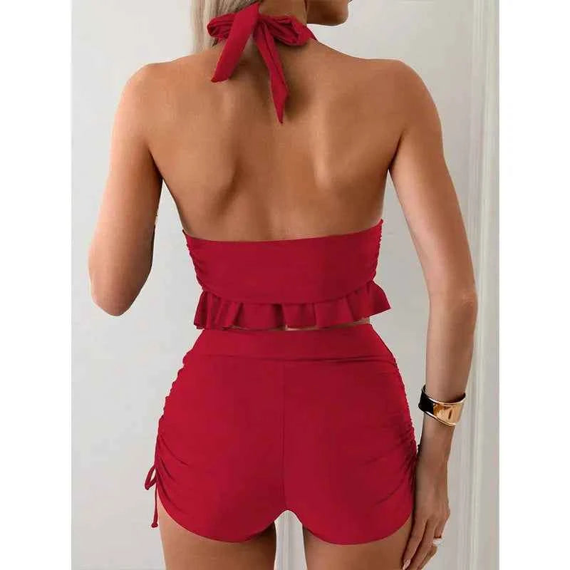 Ruffle Backless Swimsuit Set - Two-Piece with Shorts