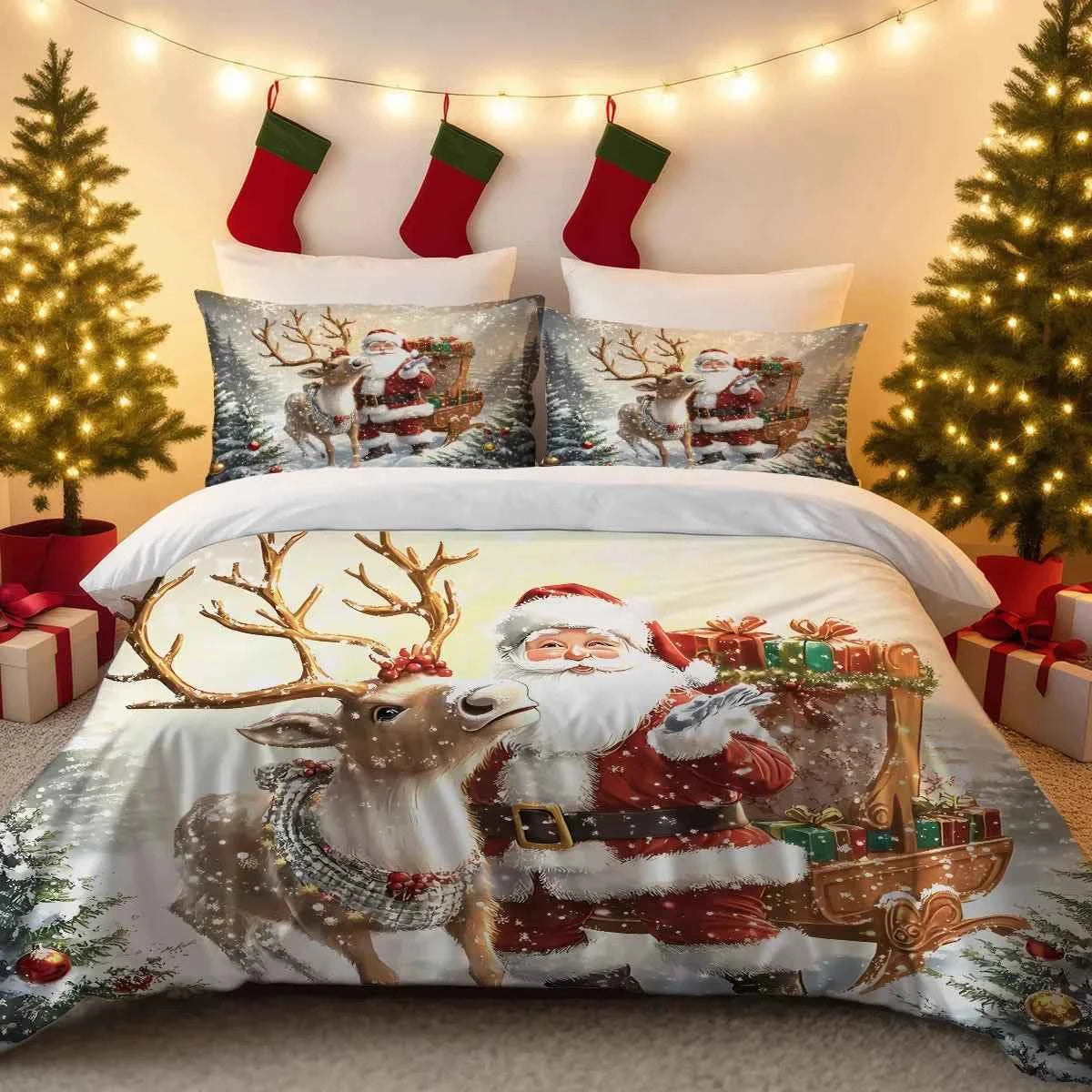 3-Piece Santa Claus Printed Bedding Set