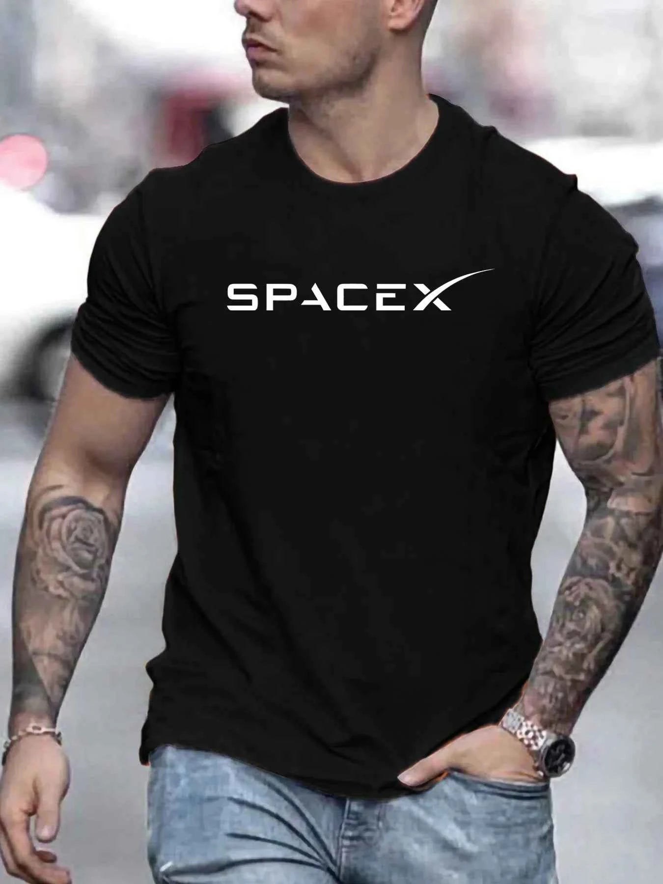 Men's summer fashion casual loose oversized SPACEX letter pattern printed round neck short sleeved T-shirt top