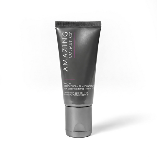 SMOOTH® Crème Concealer & Foundation Duo in a sleek tube with a dark gray design, featuring the Amazing Cosmetics logo.