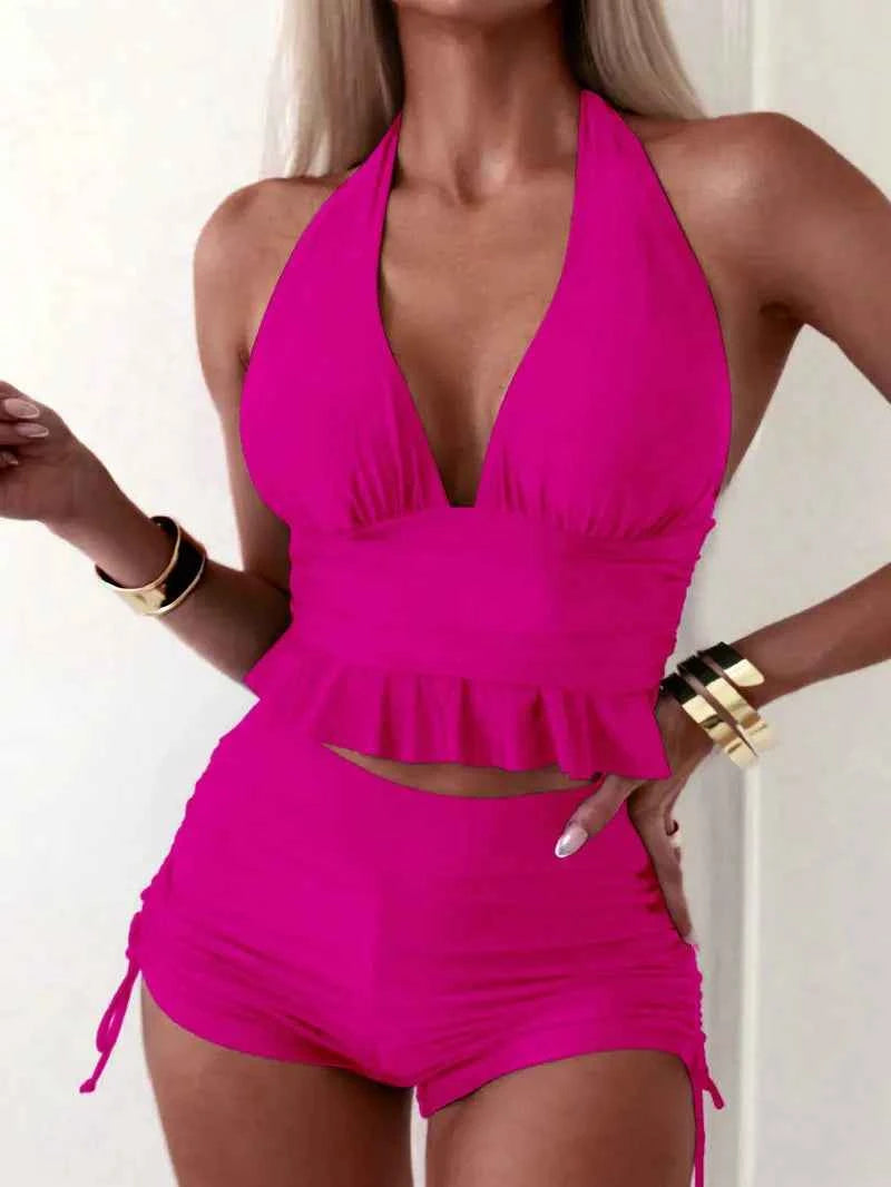 Ruffle Backless Swimsuit Set - Two-Piece with Shorts