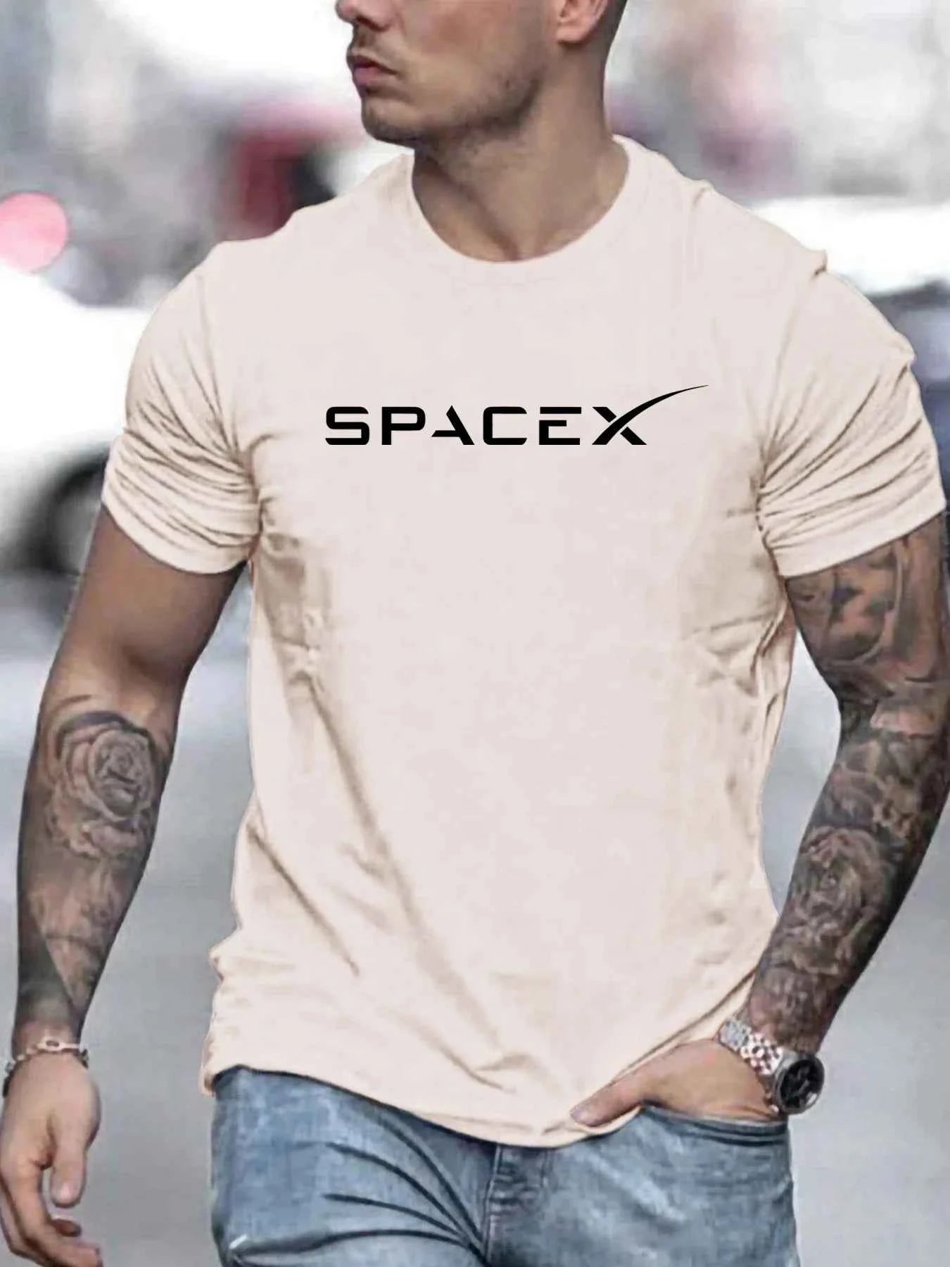Men's summer fashion casual loose oversized SPACEX letter pattern printed round neck short sleeved T-shirt top