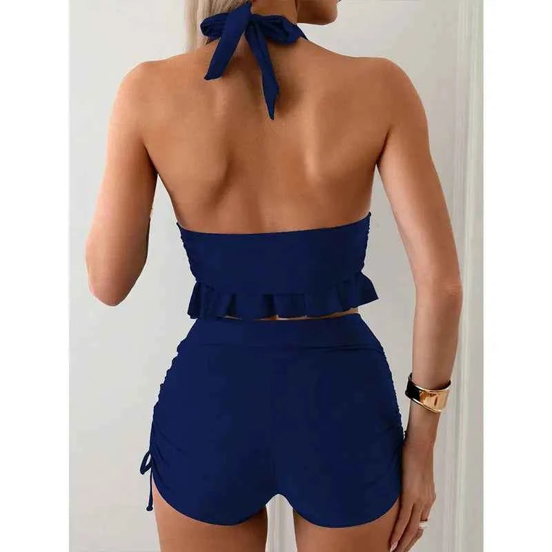 Ruffle Backless Swimsuit Set - Two-Piece with Shorts