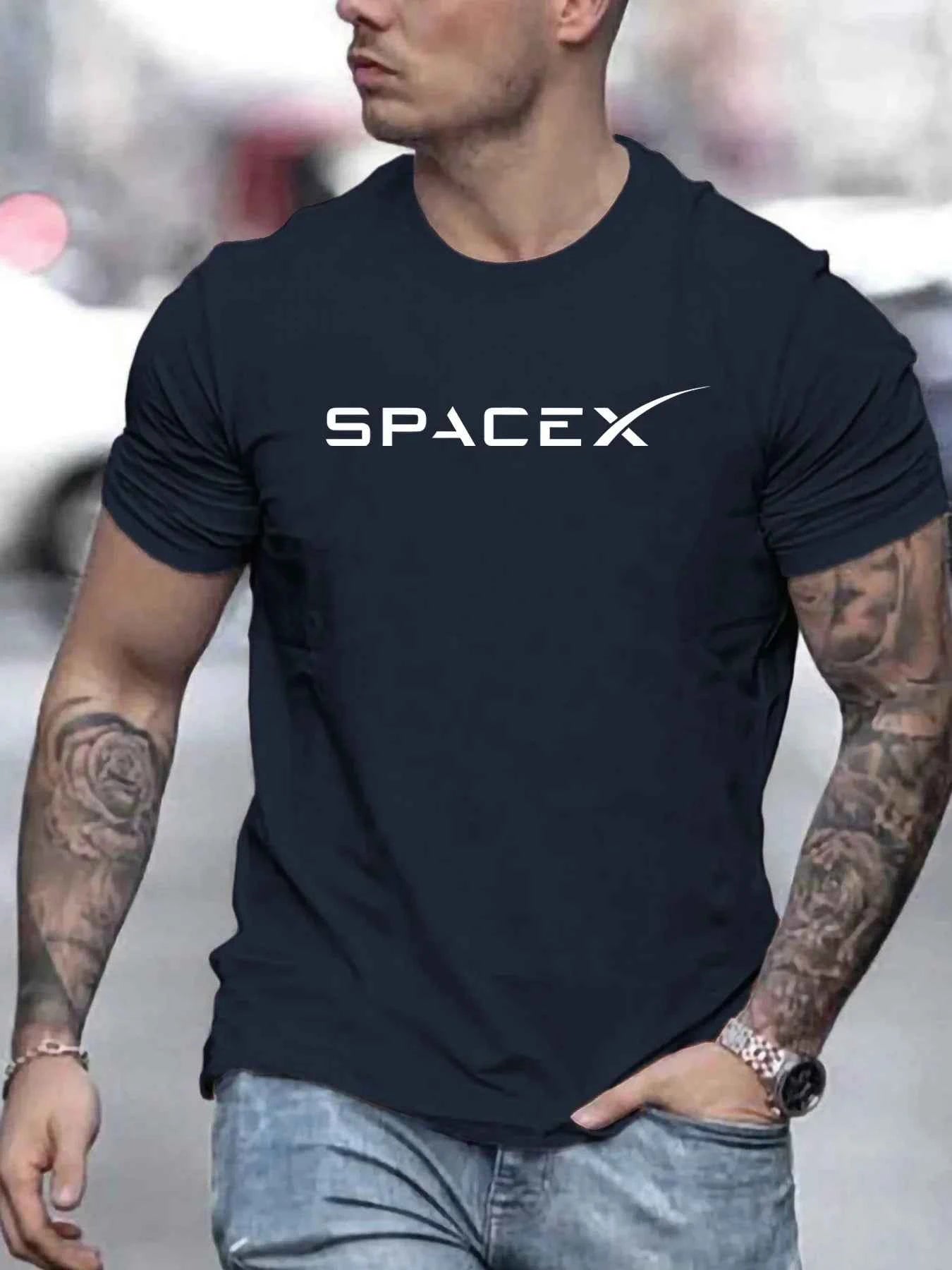 Men's summer fashion casual loose oversized SPACEX letter pattern printed round neck short sleeved T-shirt top