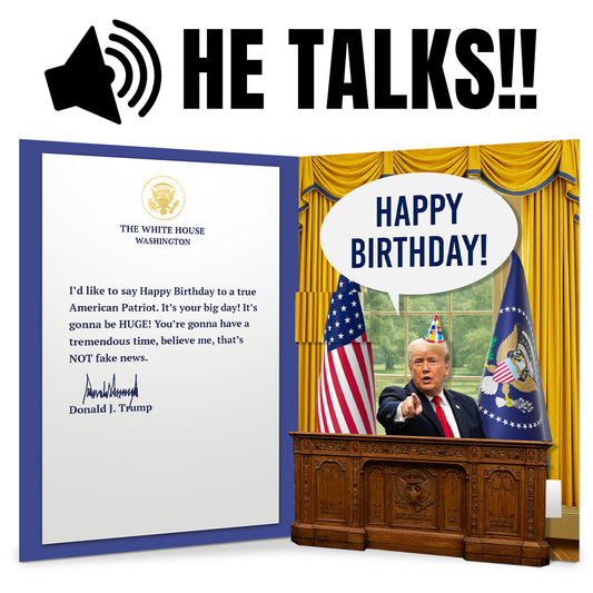 Talking Trump Pop Up Birthday Card featuring a pop-up scene of Trump at a desk with a birthday message and sound feature.