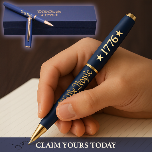We The People 1776 Collectible Pen in hand, gold accents, navy blue finish, presented in a stylish box.