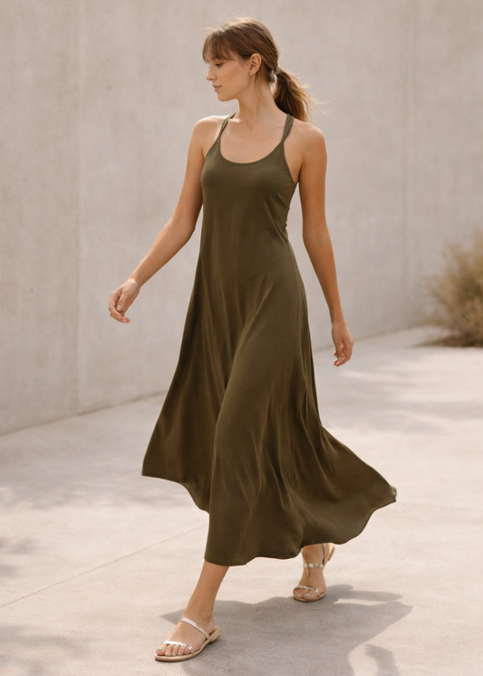 Cross Back Strap Maxi Dress in olive green, featuring a flowy design and a relaxed fit, perfect for casual wear.