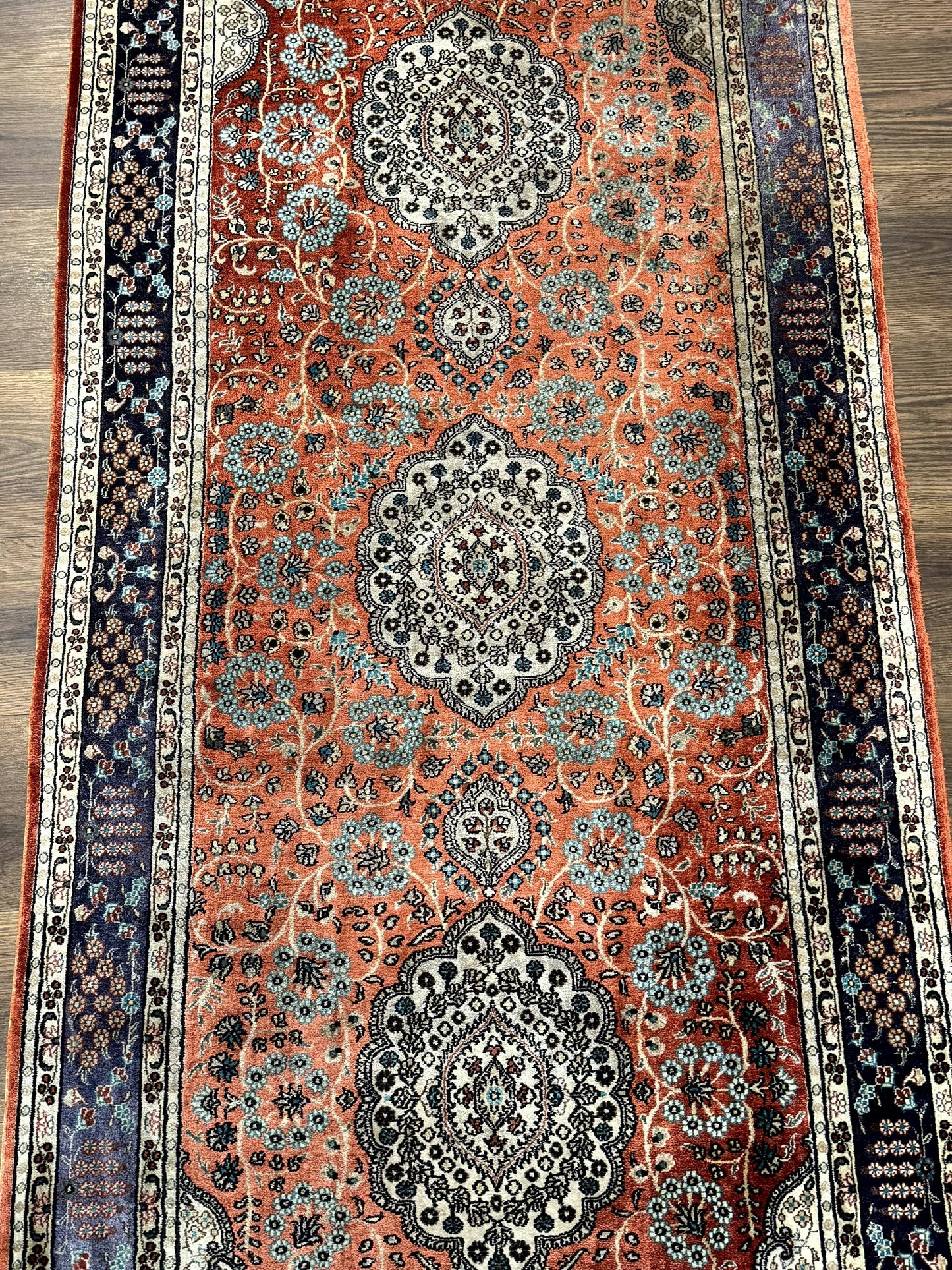 Turkish Silk Runner Rug 3x8, Short Runner Rug, Red, Floral Medallions