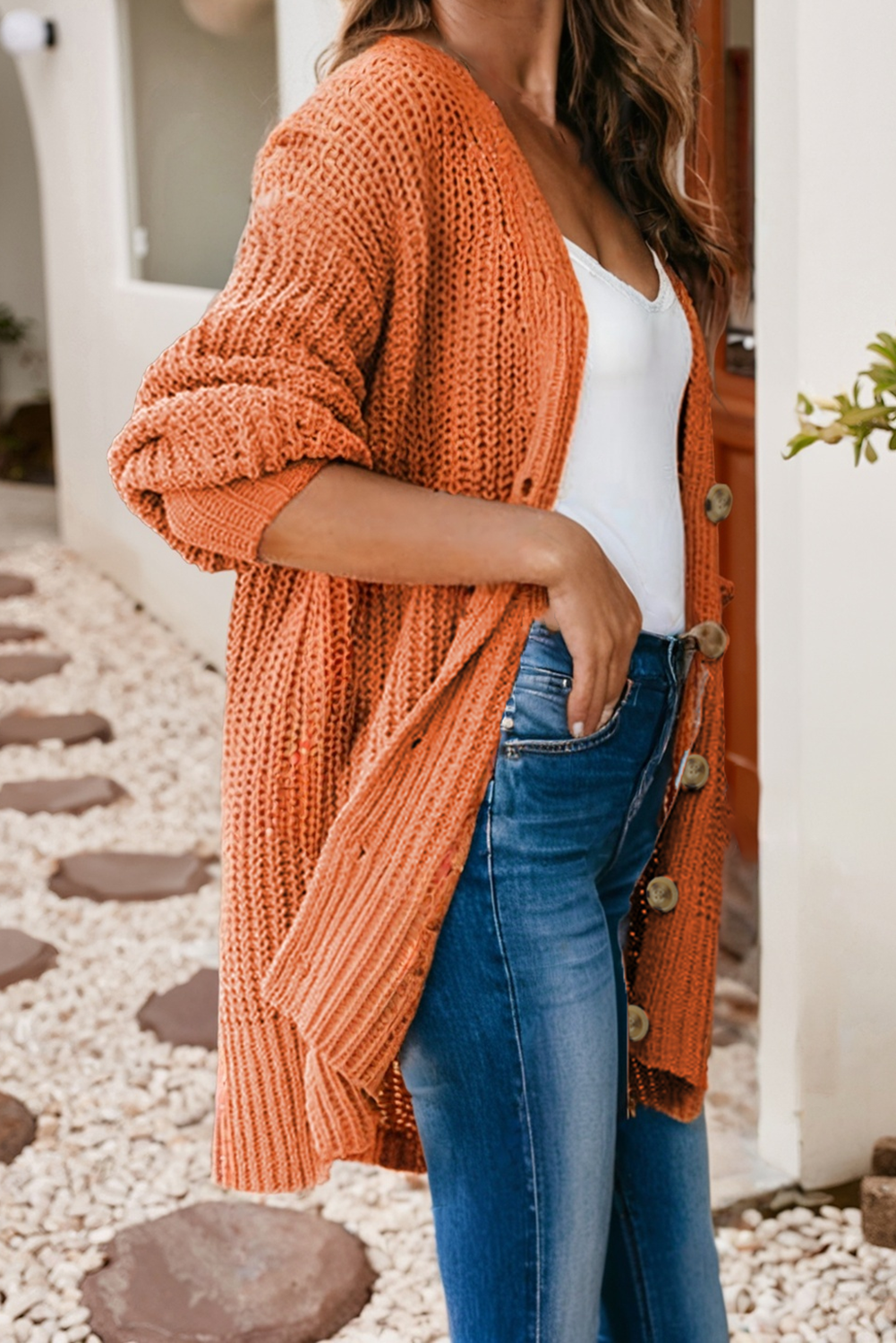 Button Front V Neck Chunky Cardigan