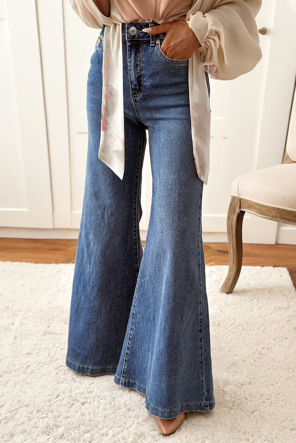 Dirty blue High Waist Button Zip Fly Bell Bottom Jeans