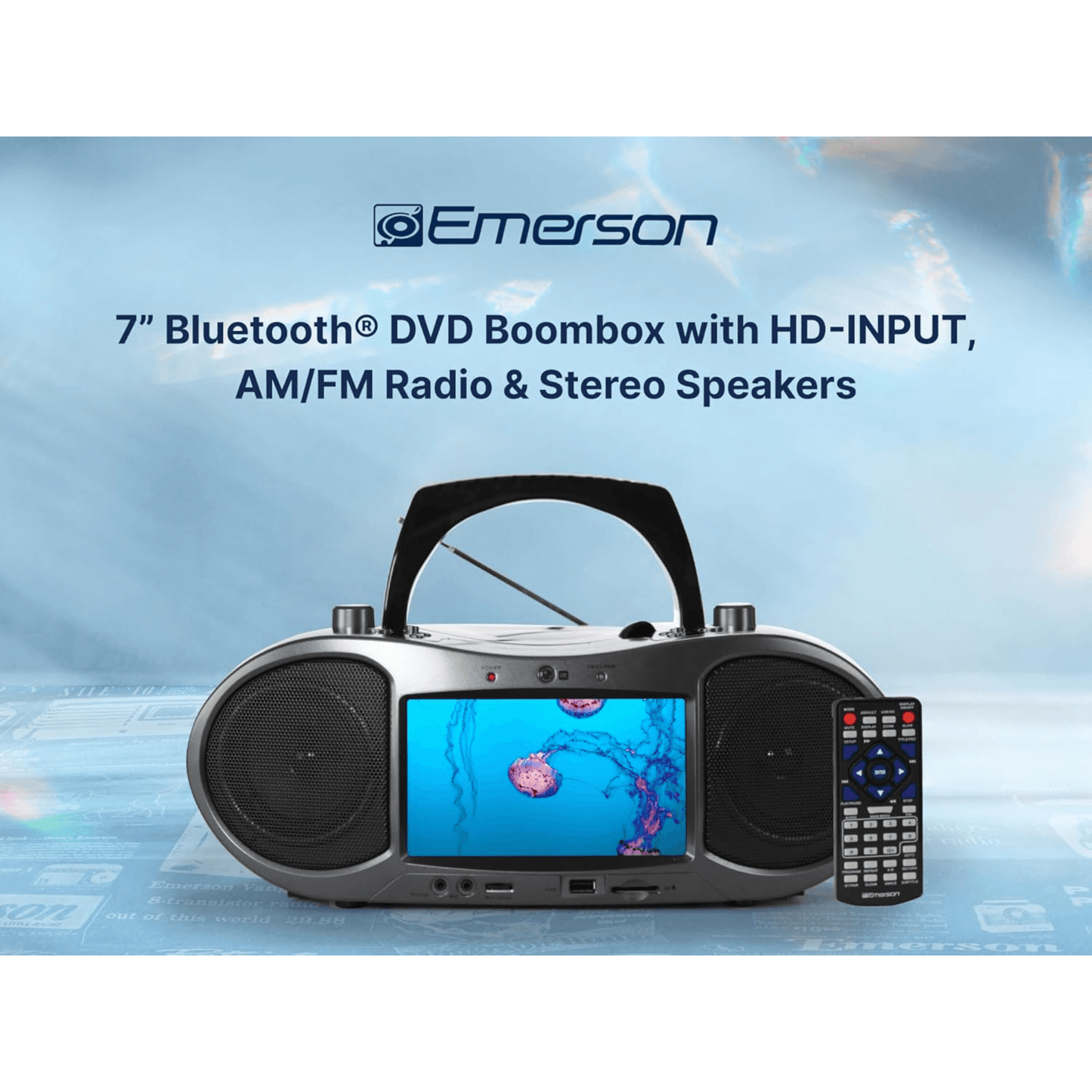 Emerson 7” Bluetooth DVD Boombox with HD-INPUT AM/FM Radio and Stereo Speakers