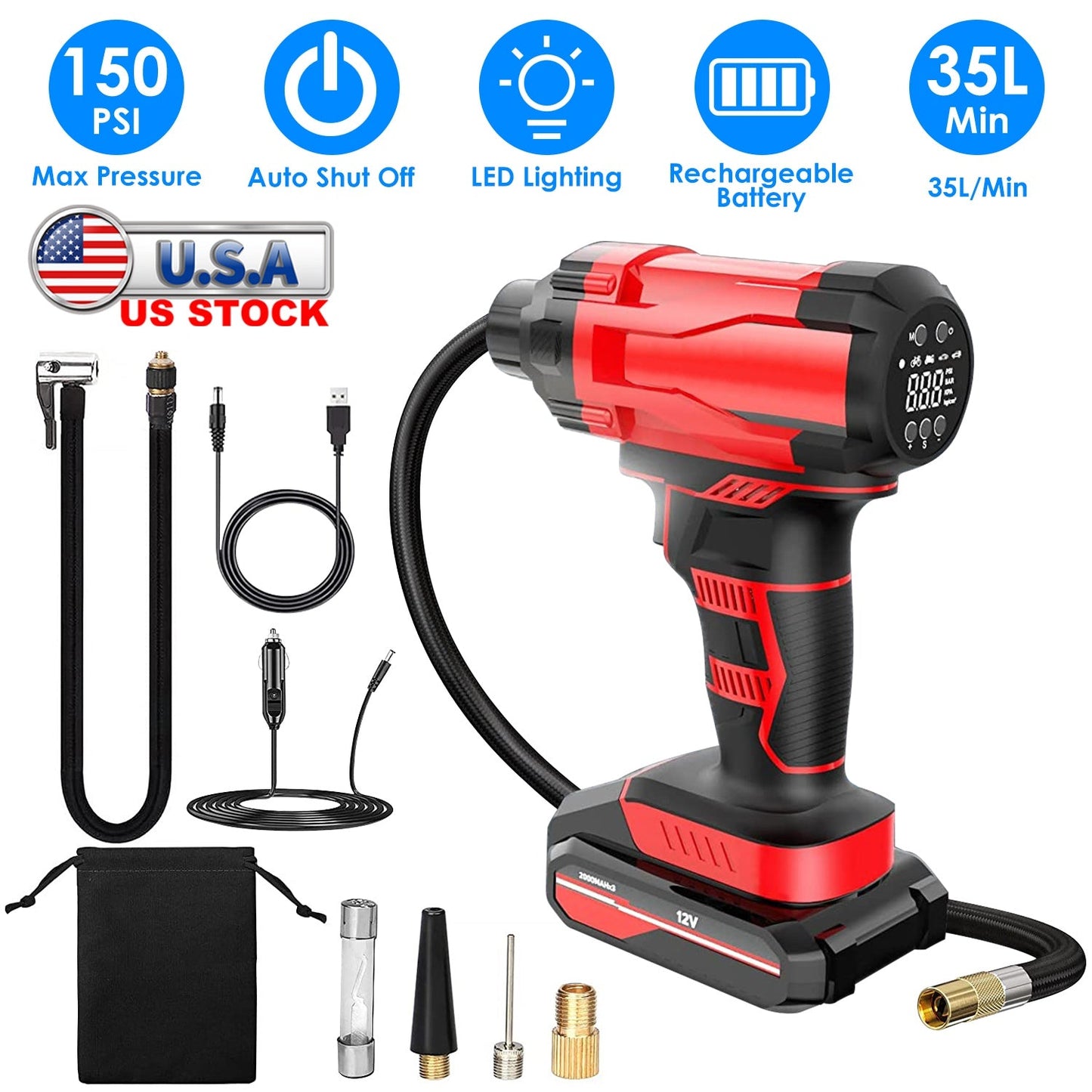 Cordless Car Tire Pump Portable Inflator with LED Light